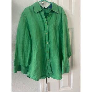 Vintage Ralph Lauren Green Linen gold button Down Shirt Kids Sz P/S embroidered